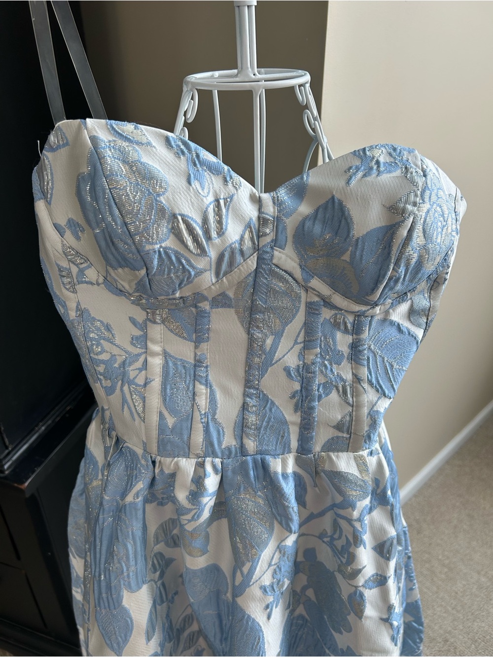 Women’s Blue Floral Strapless Gown Blue, white and silver size small - Picture 3 of 9